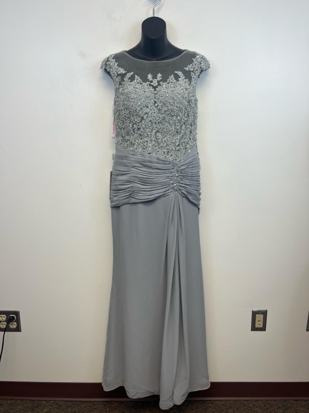 JJ's House Long Gray Romantic Lace Chic Overlay Dress Rouching & sparkles Small